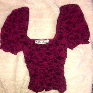 BRAND NEW OVER THE SHOULDER BURGUNDY MESH BLOUSE